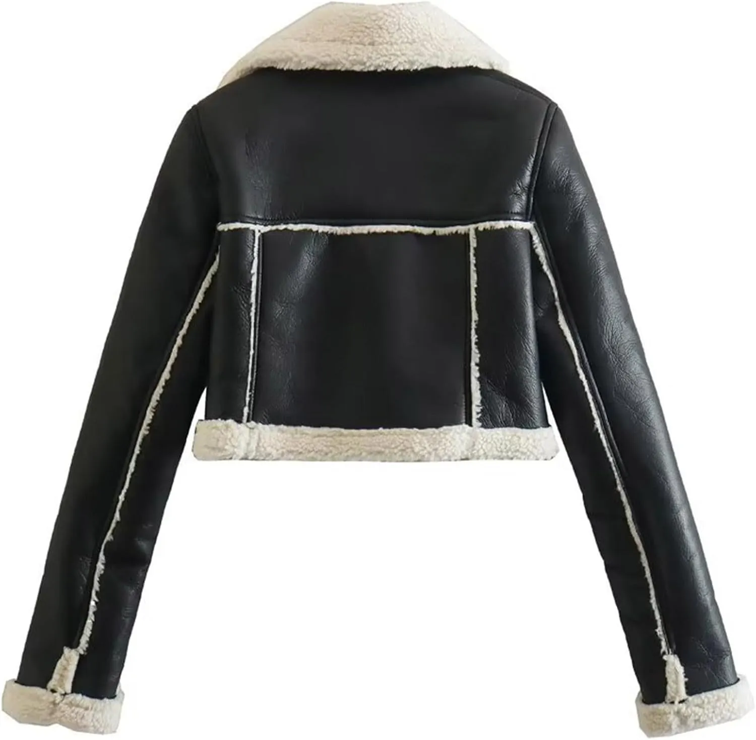 Womens Winter Jackets Casual Cropped Sherpa Lined Faux Leather Shacket Coat Trendy Fluzzy Fleece Collared Moto Biker Coat