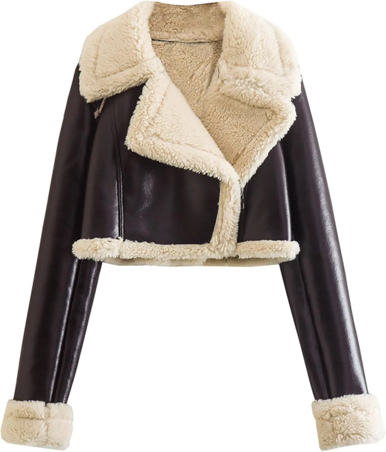 Womens Winter Jackets Casual Cropped Sherpa Lined Faux Leather Shacket Coat Trendy Fluzzy Fleece Collared Moto Biker Coat