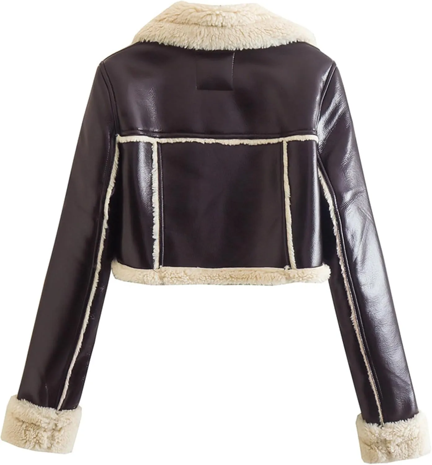 Womens Winter Jackets Casual Cropped Sherpa Lined Faux Leather Shacket Coat Trendy Fluzzy Fleece Collared Moto Biker Coat