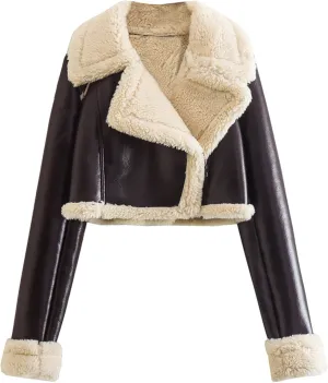 Womens Winter Jackets Casual Cropped Sherpa Lined Faux Leather Shacket Coat Trendy Fluzzy Fleece Collared Moto Biker Coat
