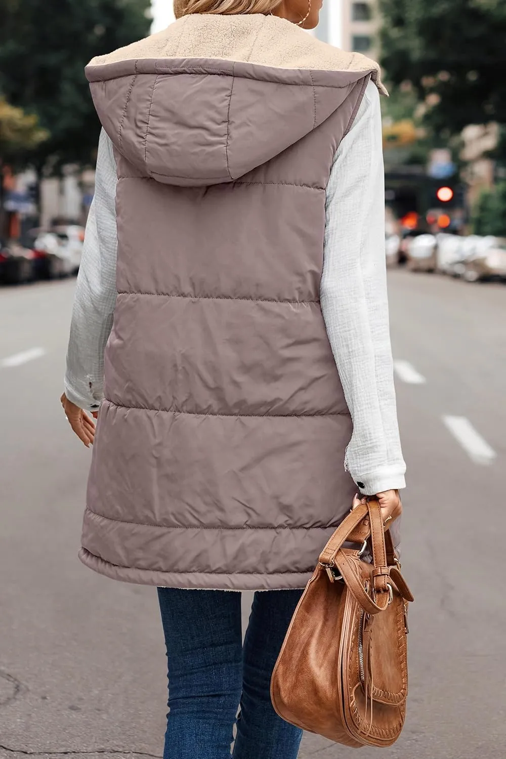 Women's Winter Reversible Sherpa Vest Quilted Zip Up Fleece Down Coat Winter Thicken Warm Padded Jacket with Pockets