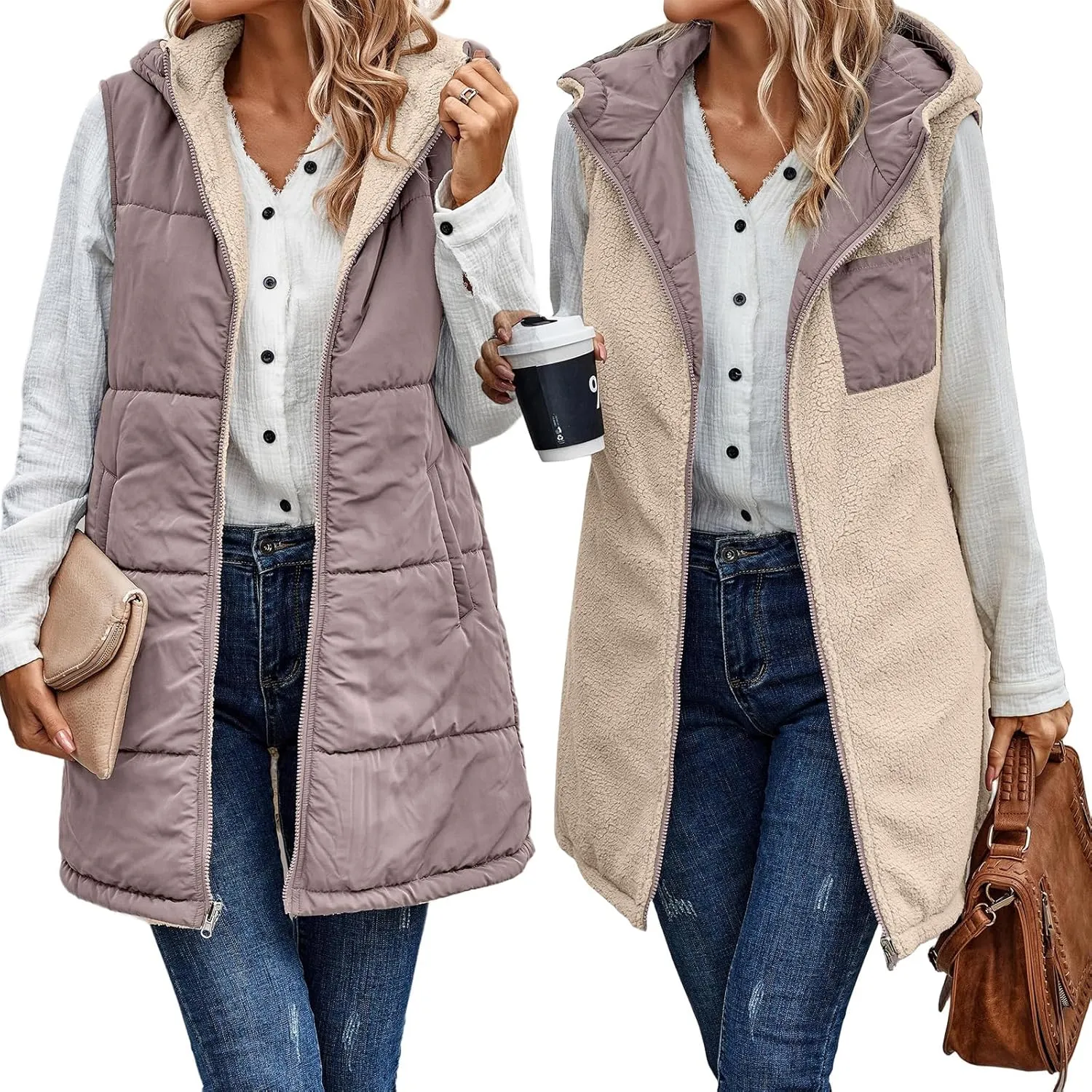 Women's Winter Reversible Sherpa Vest Quilted Zip Up Fleece Down Coat Winter Thicken Warm Padded Jacket with Pockets