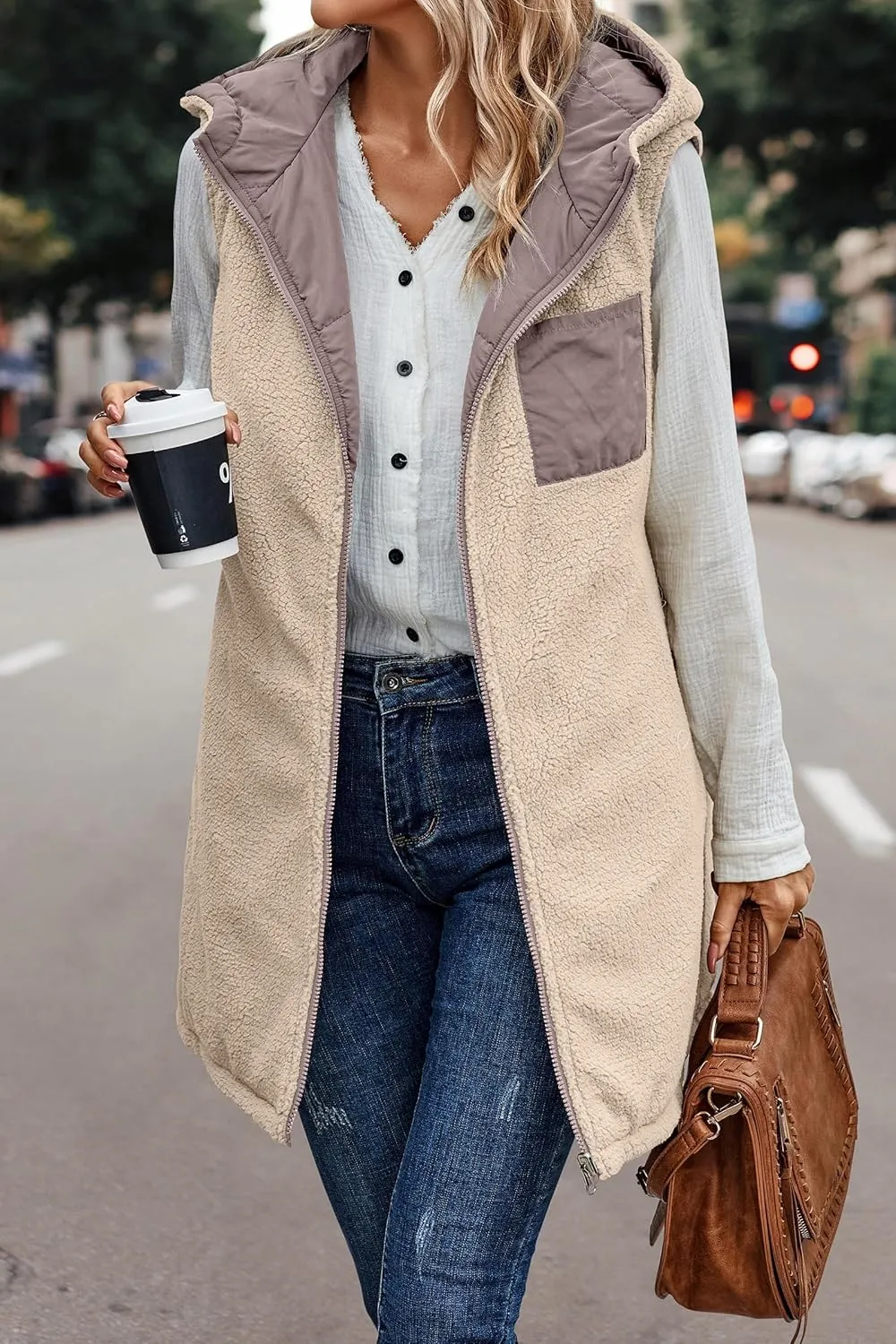 Women's Winter Reversible Sherpa Vest Quilted Zip Up Fleece Down Coat Winter Thicken Warm Padded Jacket with Pockets