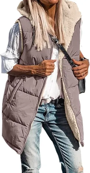 Women's Winter Reversible Sherpa Vest Quilted Zip Up Fleece Down Coat Winter Thicken Warm Padded Jacket with Pockets