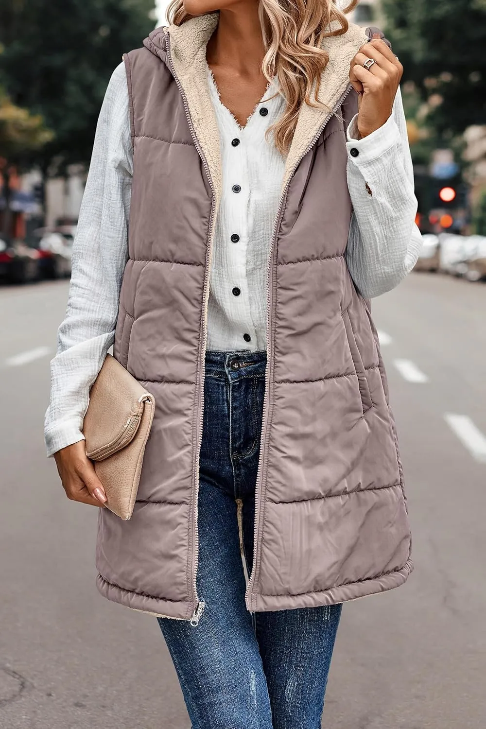 Women's Winter Reversible Sherpa Vest Quilted Zip Up Fleece Down Coat Winter Thicken Warm Padded Jacket with Pockets