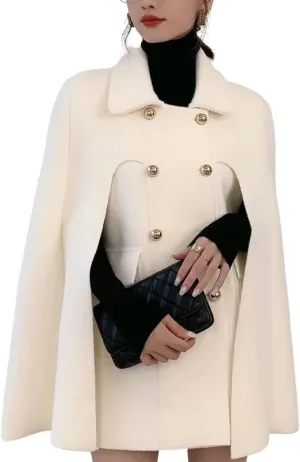 Women's Wool Blend Coat Elegant Poncho Double-Breast Slit Sleeve Flowy Wool Blend Cape Cloak Coat