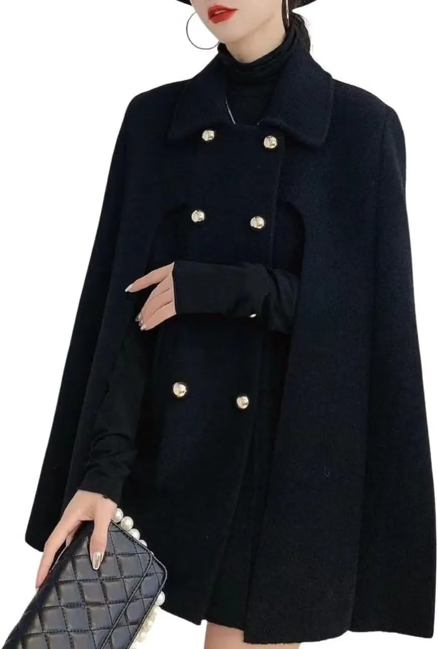 Women's Wool Blend Coat Elegant Poncho Double-Breast Slit Sleeve Flowy Wool Blend Cape Cloak Coat