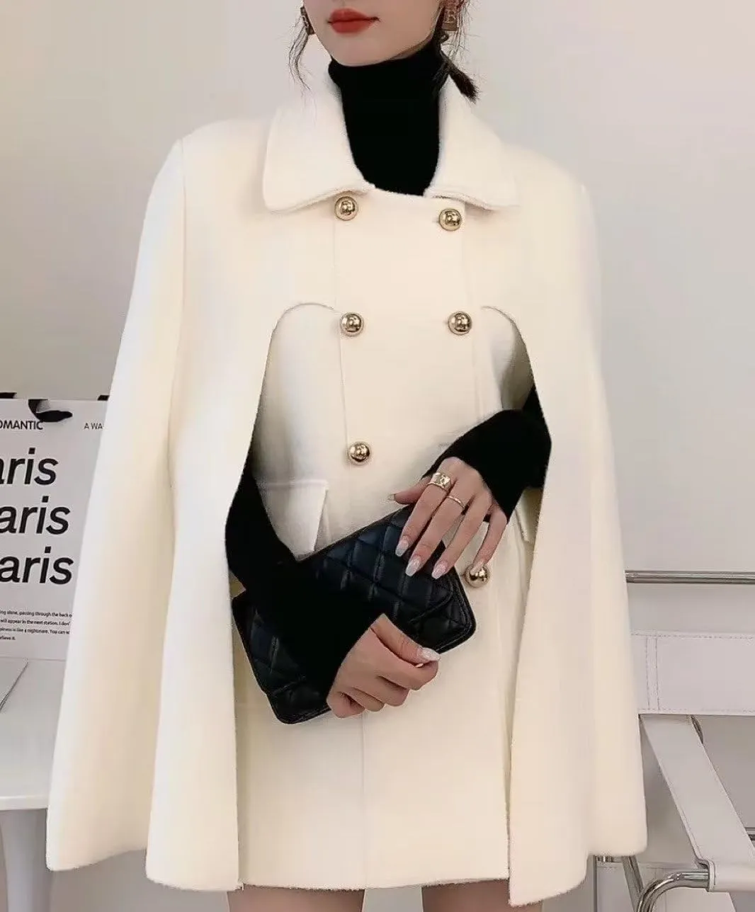 Women's Wool Blend Coat Elegant Poncho Double-Breast Slit Sleeve Flowy Wool Blend Cape Cloak Coat