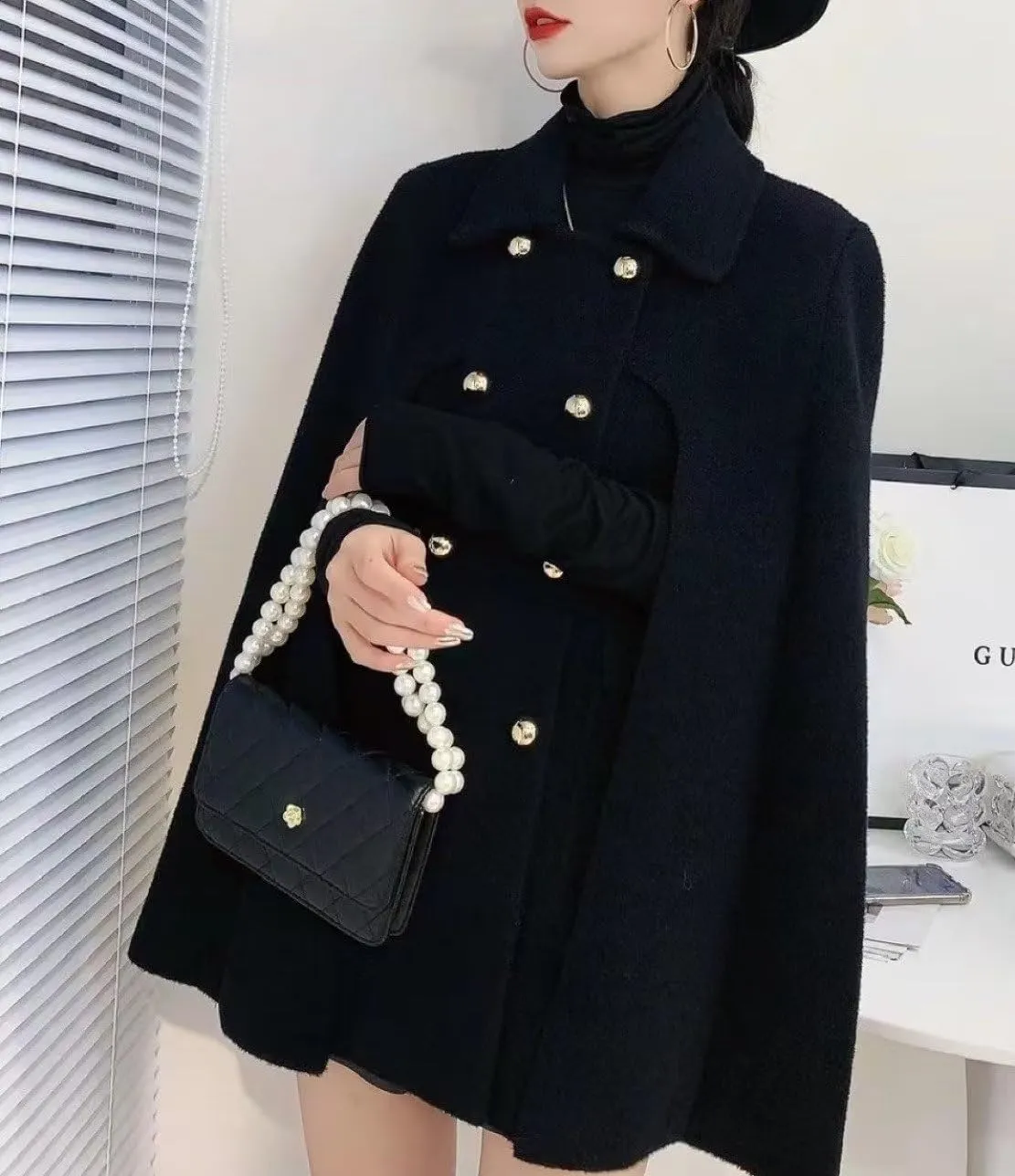 Women's Wool Blend Coat Elegant Poncho Double-Breast Slit Sleeve Flowy Wool Blend Cape Cloak Coat