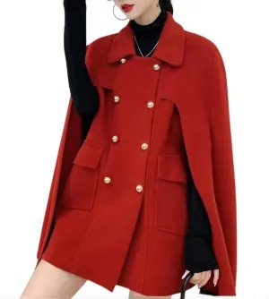 Women's Wool Blend Coat Elegant Poncho Double-Breast Slit Sleeve Flowy Wool Blend Cape Cloak Coat