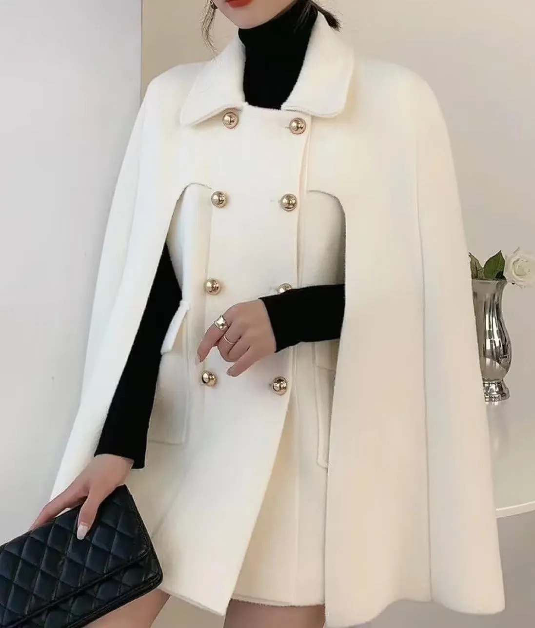 Women's Wool Blend Coat Elegant Poncho Double-Breast Slit Sleeve Flowy Wool Blend Cape Cloak Coat