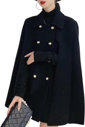 Women's Wool Blend Coat Elegant Poncho Double-Breast Slit Sleeve Flowy Wool Blend Cape Cloak Coat