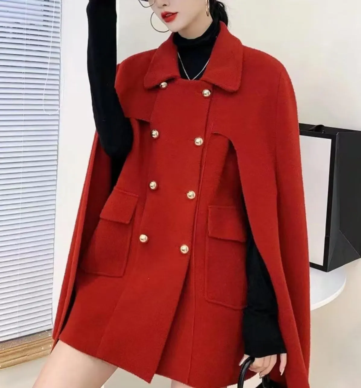 Women's Wool Blend Coat Elegant Poncho Double-Breast Slit Sleeve Flowy Wool Blend Cape Cloak Coat