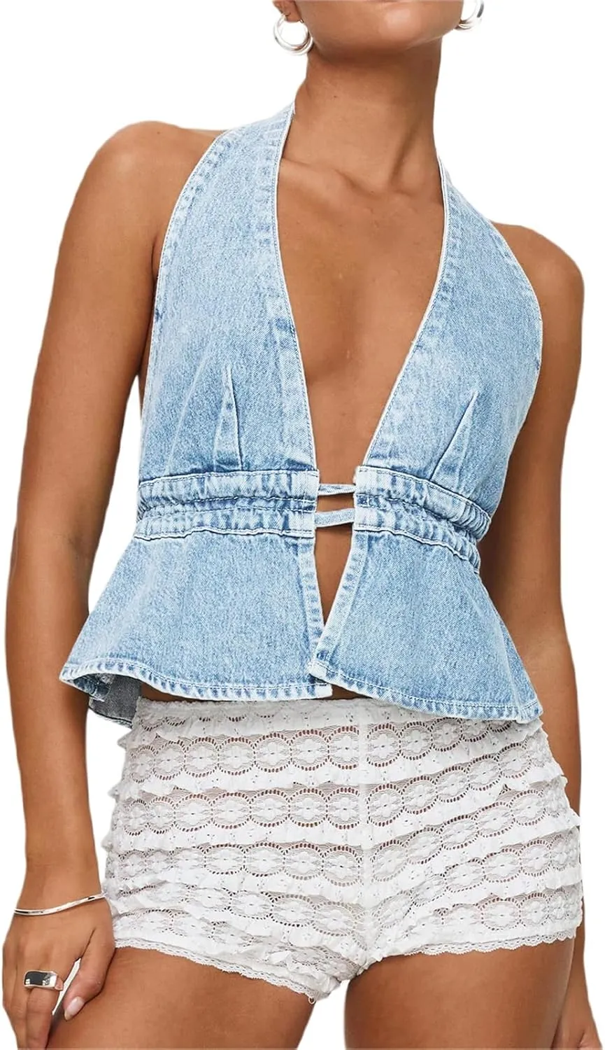 Women's Y2K Backless Tie Back Halter Top Sleeveless Sexy Denim Vest Tops Strapless Jean Corset Bustier Streetwear