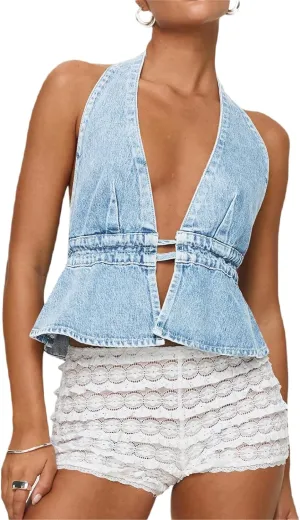 Women's Y2K Backless Tie Back Halter Top Sleeveless Sexy Denim Vest Tops Strapless Jean Corset Bustier Streetwear
