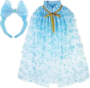 XEPST Snowflake Princess Cape Princess Cloak with Headbands for Girls, Princess Fancy Dress Accessories Princess Dress Up for Halloween Christmas Costume Carnival Birthday Party Cosplay