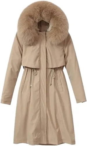YIOLEAMP Women Large Size Parka Winter Cotton-Padded Coat Mid Length Fur Collar Plus Velvet Down Jacket
