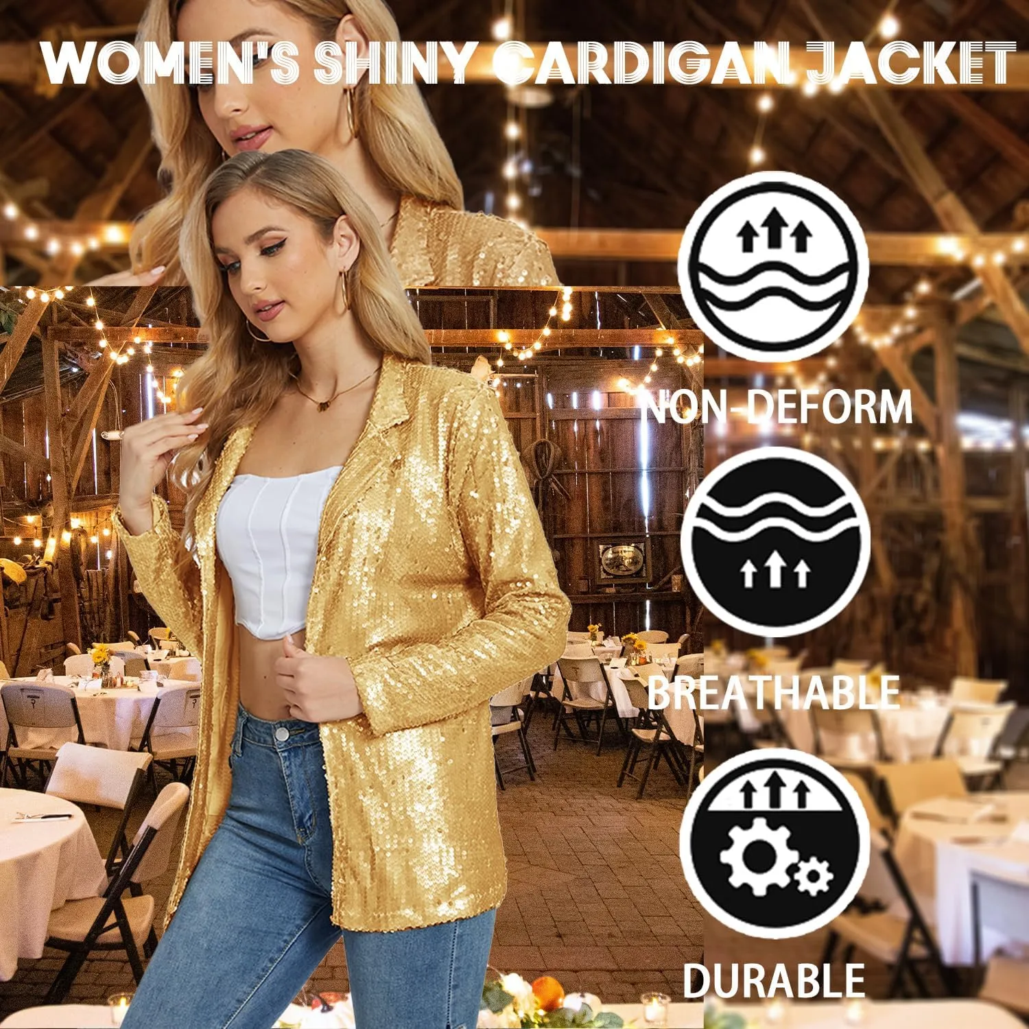 Ypser Women's Sequin Blazer Open Front Sparkle Jacket Glitter Coat for Evening Party