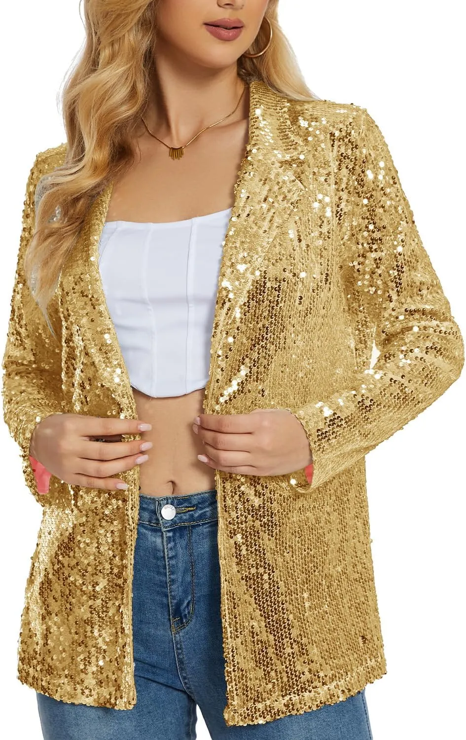 Ypser Women's Sequin Blazer Open Front Sparkle Jacket Glitter Coat for Evening Party