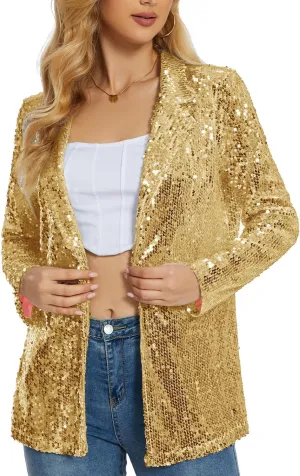Ypser Women's Sequin Blazer Open Front Sparkle Jacket Glitter Coat for Evening Party