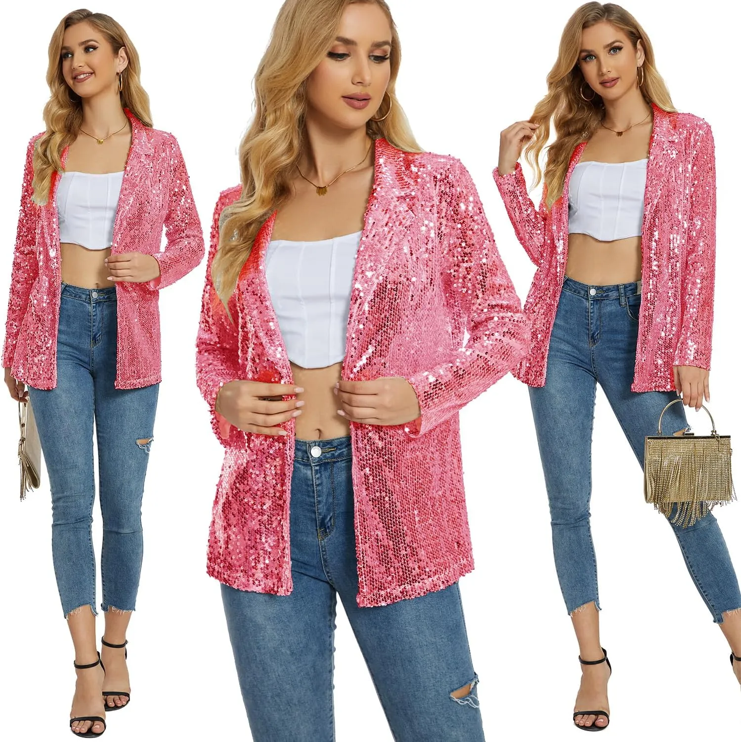 Ypser Women's Sequin Blazer Open Front Sparkle Jacket Glitter Coat for Evening Party