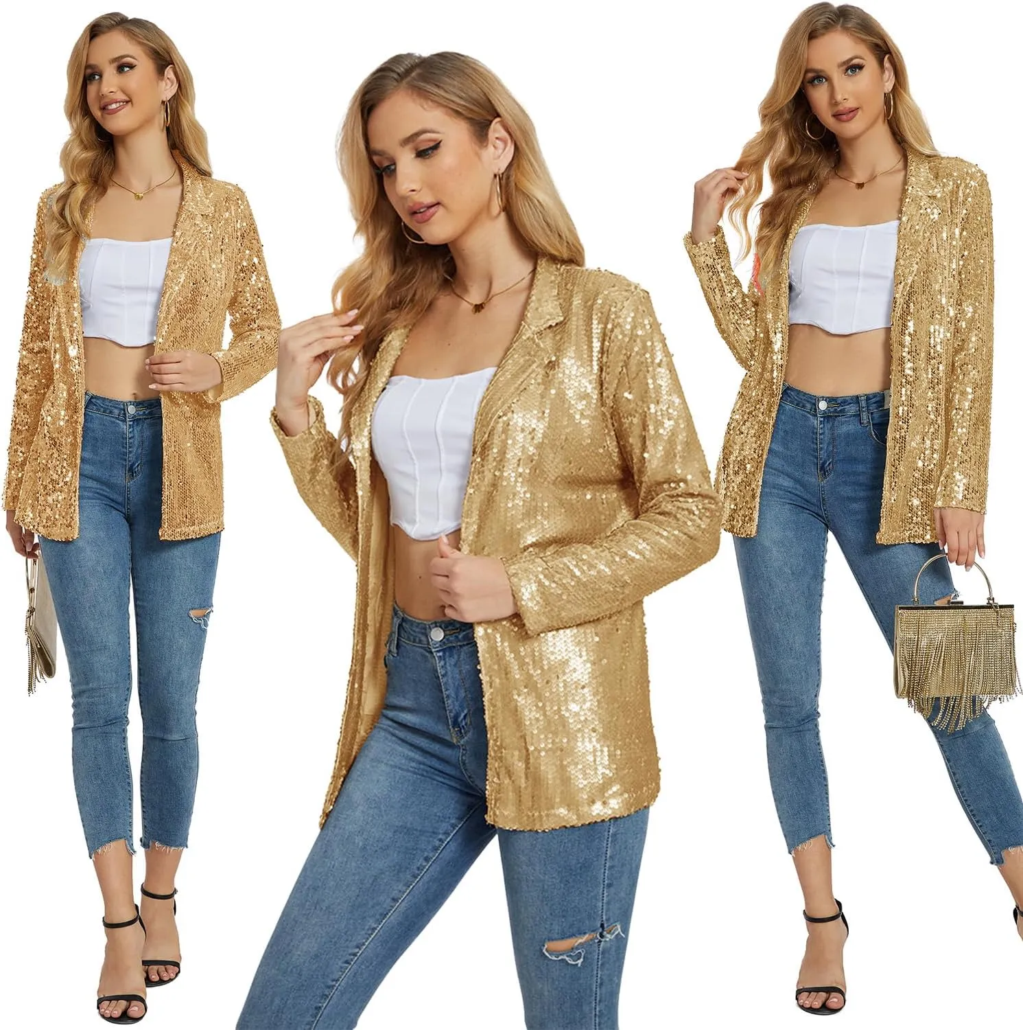 Ypser Women's Sequin Blazer Open Front Sparkle Jacket Glitter Coat for Evening Party