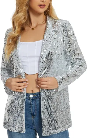 Ypser Women's Sequin Blazer Open Front Sparkle Jacket Glitter Coat for Evening Party
