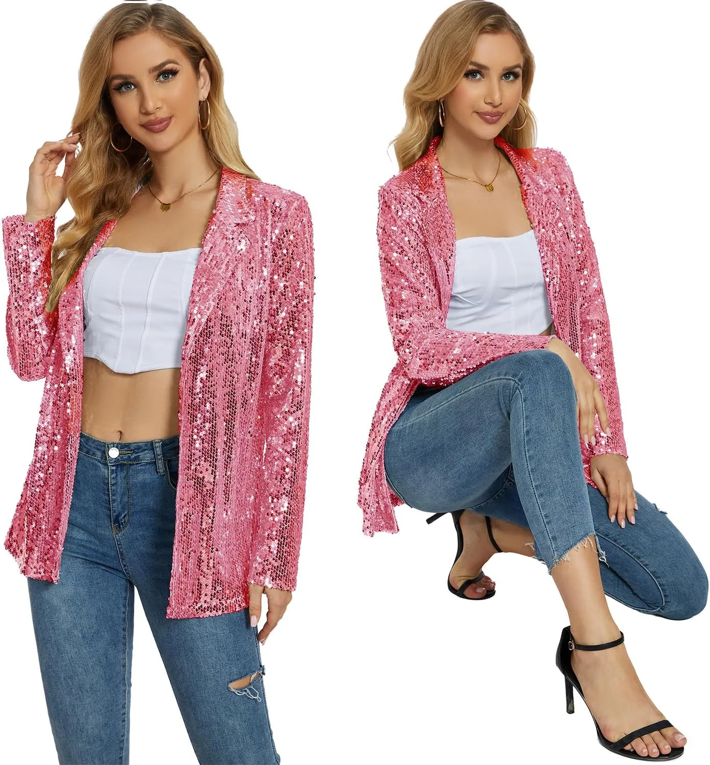 Ypser Women's Sequin Blazer Open Front Sparkle Jacket Glitter Coat for Evening Party