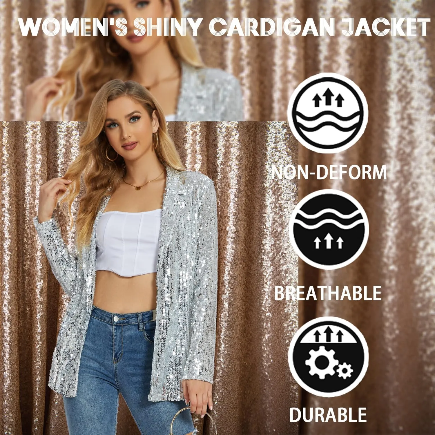 Ypser Women's Sequin Blazer Open Front Sparkle Jacket Glitter Coat for Evening Party