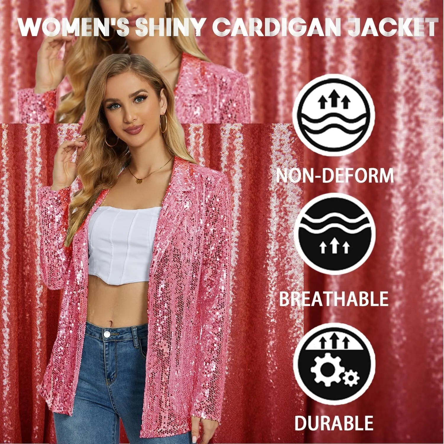 Ypser Women's Sequin Blazer Open Front Sparkle Jacket Glitter Coat for Evening Party