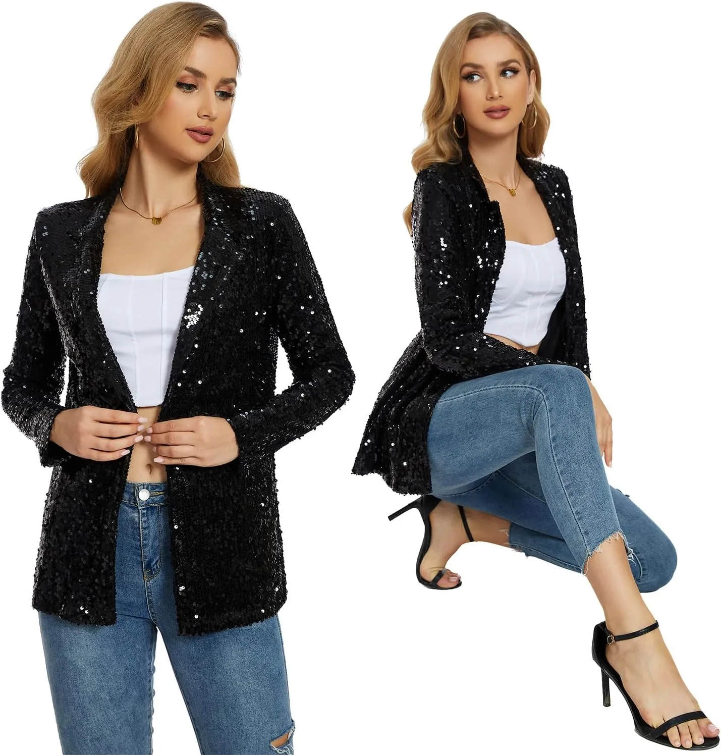 Ypser Women's Sequin Blazer Open Front Sparkle Jacket Glitter Coat for Evening Party