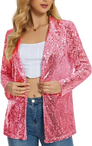 Ypser Women's Sequin Blazer Open Front Sparkle Jacket Glitter Coat for Evening Party