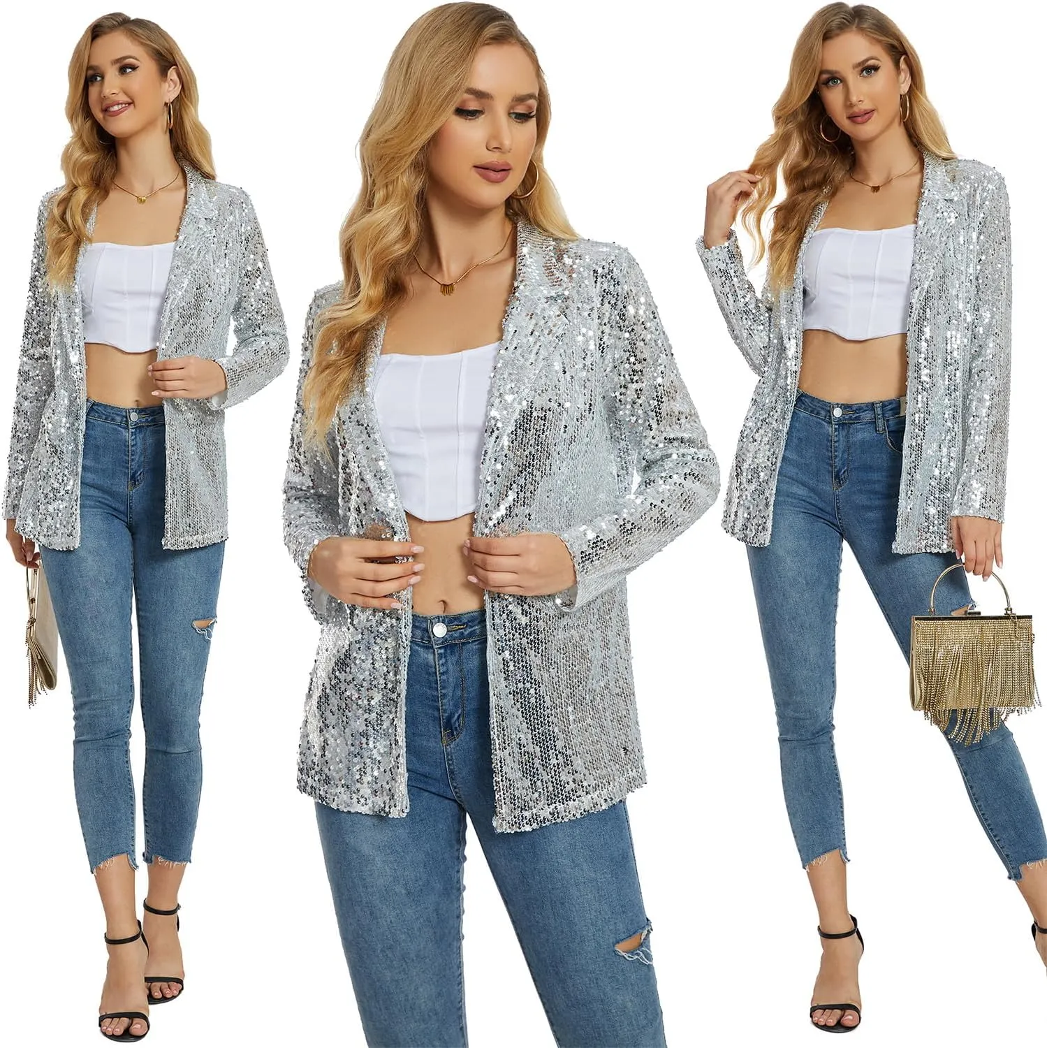 Ypser Women's Sequin Blazer Open Front Sparkle Jacket Glitter Coat for Evening Party