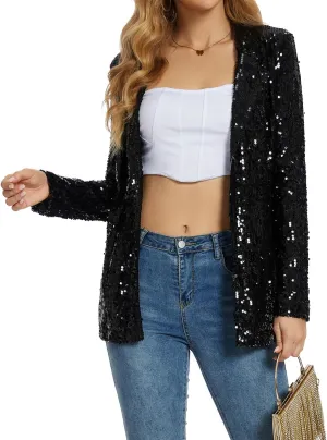 Ypser Women's Sequin Blazer Open Front Sparkle Jacket Glitter Coat for Evening Party